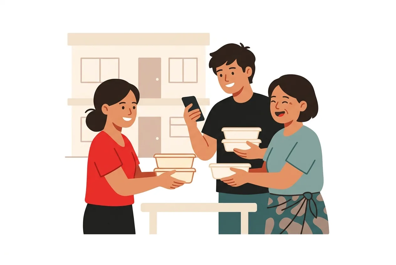 Neighbors exchanging home-cooked food
