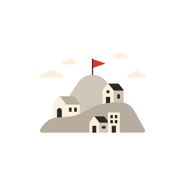 A flag planted on a hill of houses
