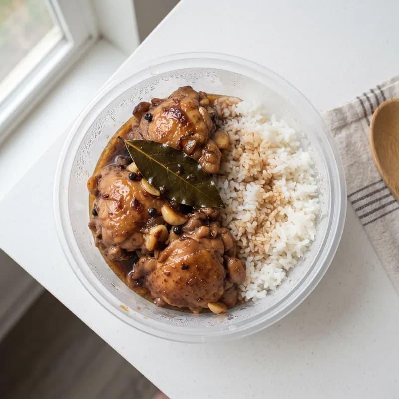 A serving of Filipino pork adobo with rice in a takeout container