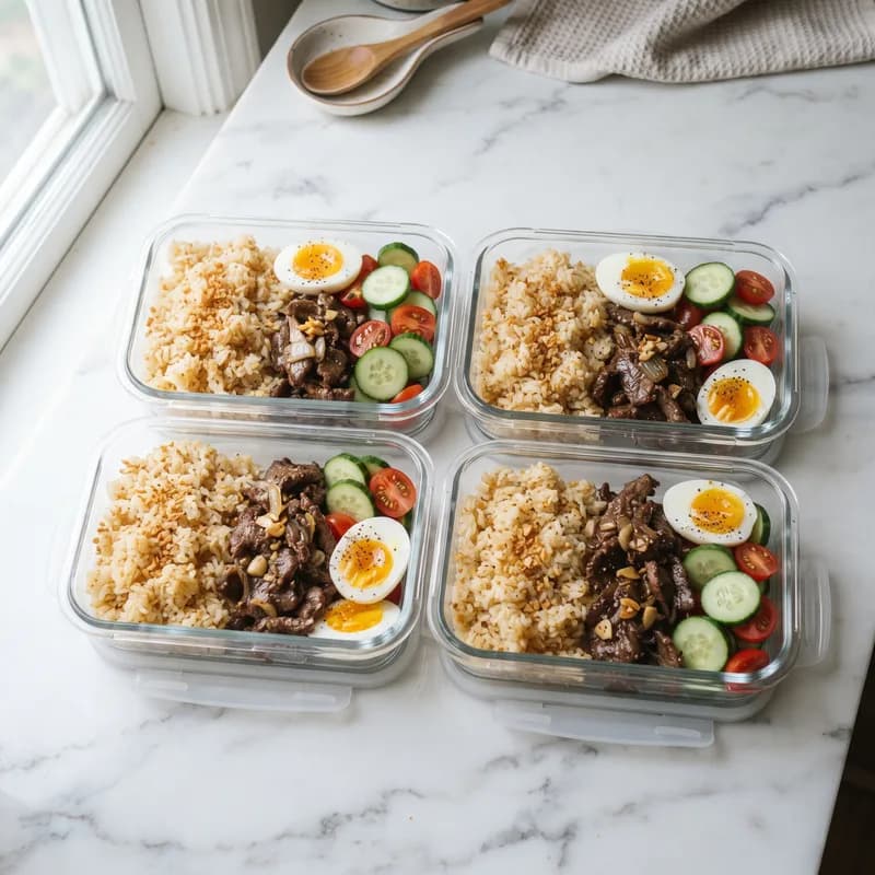 Four glass meal prep containers with garlic rice, beef, boiled egg, and sliced vegetables