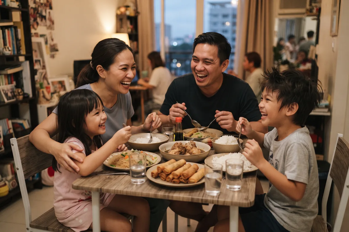 A Filipino family sharing home-cooked dishes around a dining table