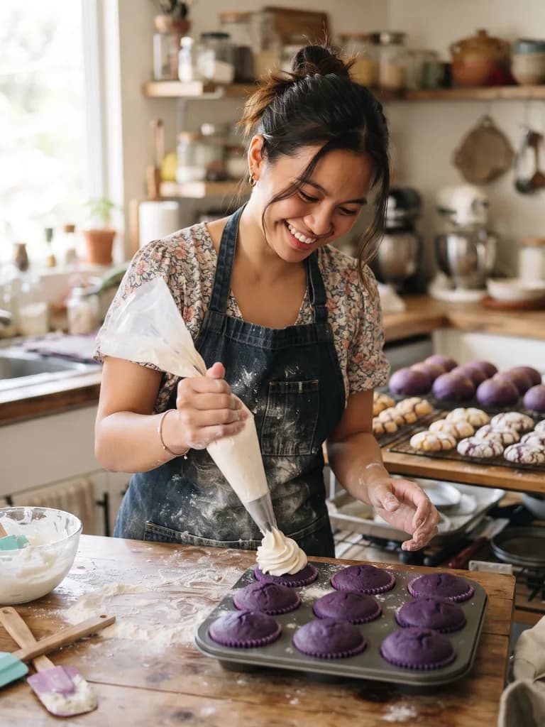 A home baker piping icing onto ube cupcakes in her kitchen