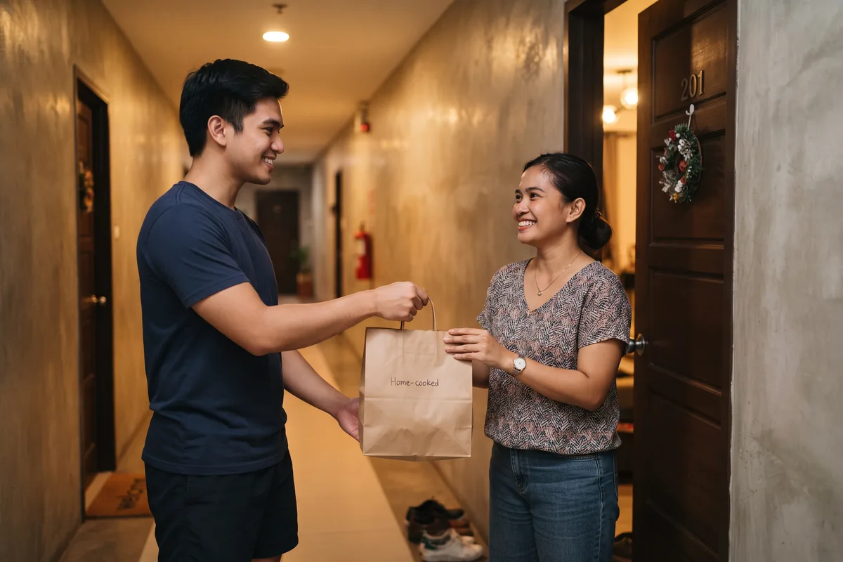 A seller handing a bag of home-cooked food to a neighbor at their front door