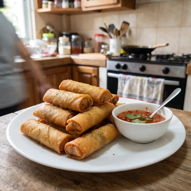 Freshly fried lumpia arranged in rows, ready to be packed for orders