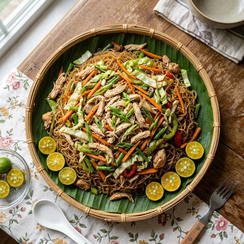 Pancit bihon on a banana-leaf-lined bilao ringed with calamansi halves