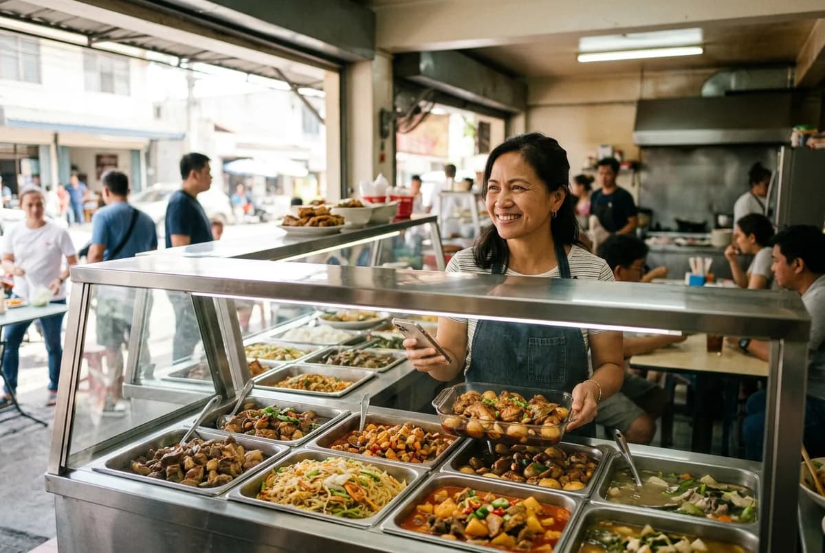 A karinderia owner behind her food display counter checking orders on her phone