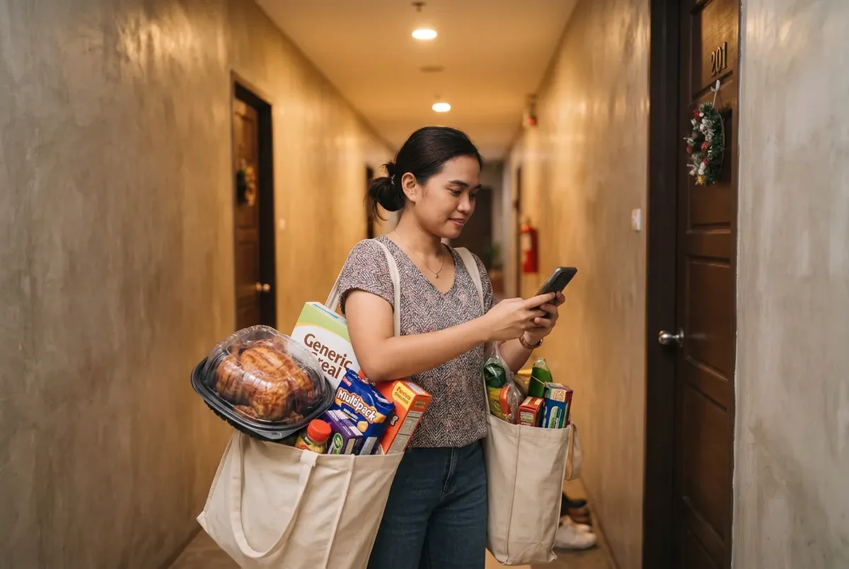 A neighbor arriving in a condo hallway with grocery bags from a pasabuy run