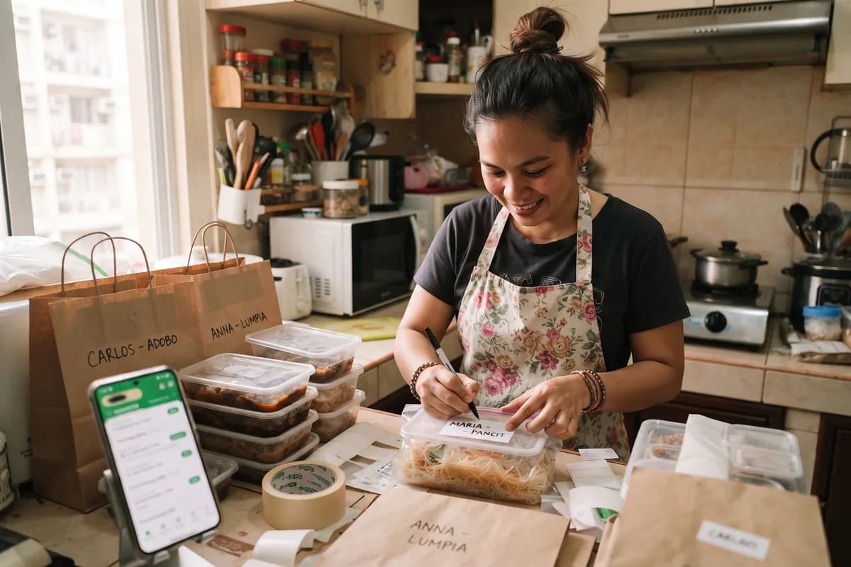 A home seller in her condo kitchen packing labeled food orders for neighbors