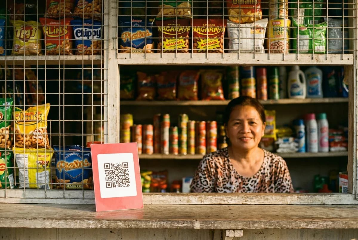 A sari-sari store counter with a printed Suki QR code sign customers can scan to order